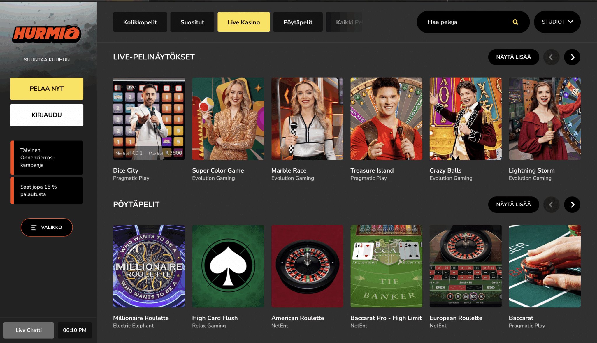 Hurmio Casino – live kasino ja kolikkopelit